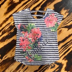 Three Hearts Blue and Pink Short‎ Sleeve Tee with Floral Design